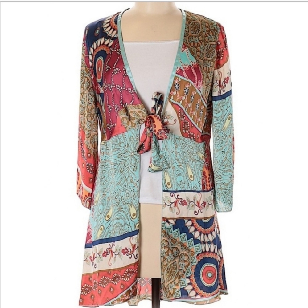 CAbi #914 Silky Kimono Tie Front Top